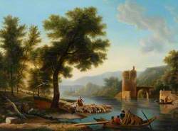 Landscape with a River, Boats, Sheep and a Tower