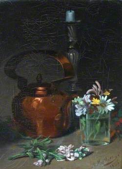 Still Life with a Copper Kettle, Candlestick and Flowers in a Glass