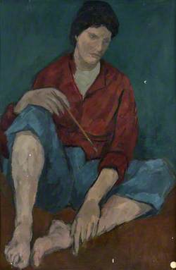 Woman Seated in Red Jacket and Blue Trousers (Self Portrait Holding Paintbrush?)