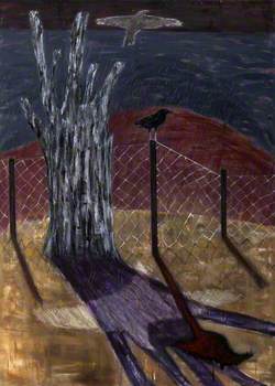 Landscape with Tree Stump, Fence and Birds