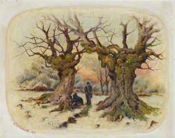 A Man and a Seated Woman between Two Gnarled, Leafless Trees