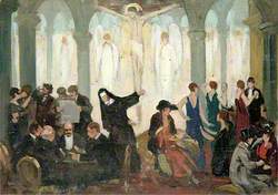 Party Scene inside a Church with Party Guests, Angels and a Nun