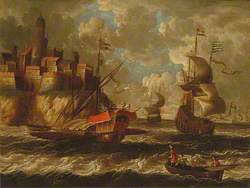 Dutch Men O'War in a Squall off a Coastal Town
