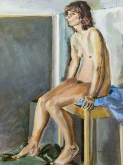 Nude Seated on Blue-Cushioned Stool