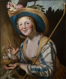 A Young Shepherdess Holding Pigeons in a Nest