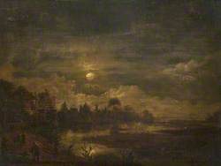 A Village and Marshland by Moonlight