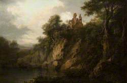 A Rocky Wooded Landscape with a Ruined Castle by a Loch