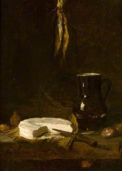 Still Life with a Jug, Cheese, Onions, Fish and a Knife