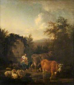 A Woman and a Child, Cattle and Sheep by a Fountain