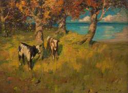 Landscape with Two Calves and a Lake