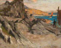 Rocky Coast with Two Figures and a Yacht