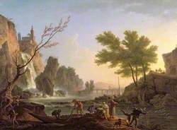 Fishermen in a Landscape with a Cascade and a Bridge