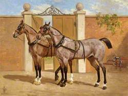 A Pair of Horses in Harness in front of a Gate