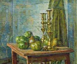 Brass Candlesticks and Pears