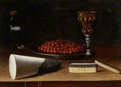 Still Life of a Bowl of Strawberries, Standing Cup, a Bottle of Rose Water, a Sugarloaf and a Box of Sugar