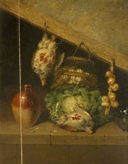 Still Life of a Hanging Bird, a Jar and a Cabbage
