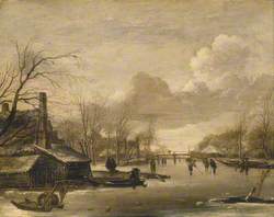 Winter Scene with Thatched Cottages and a Frozen River Spanned by a Wooden Bridge