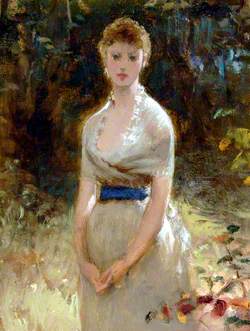 Lady in White Dress with Blue Sash