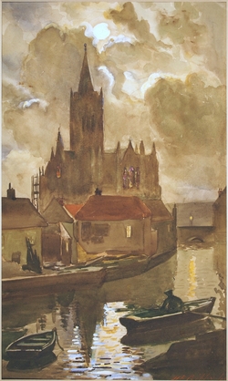 Boat on River with Church