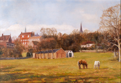 A Church Spire and Horses in Field