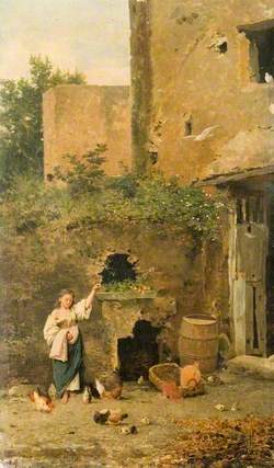Girl Feeding Chickens in a Courtyard amongst Ruins
