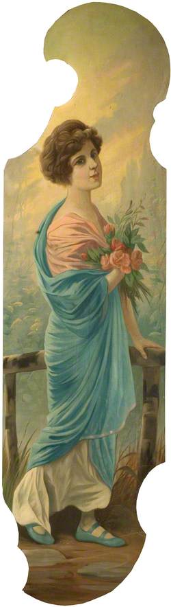 Portrait of a Woman in Blue Holding Roses