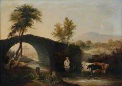 Landscape with Bridge, Cattle and Mountains