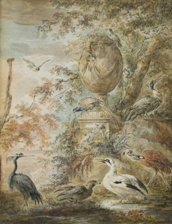 Birds in Woodland beside a Classical Urn