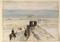 The Old Road to Jericho : a view of the Jordan Valley from the top of the last descent of the mountain road which overhangs the Wadi Kelt. The town of Es Salt is on the top of the Hills of Gilead, in line with Jericho.
