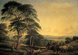A Woodland Scene with a Wagon Drawn by Two Horses