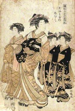 The Courtesan Shihira of the O-ebiya House with Shinzo and Two Maiko