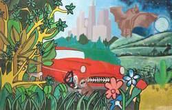 Red Car in a Jungle with Skyscrapers