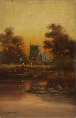 River Bank with Church Tower and Figures