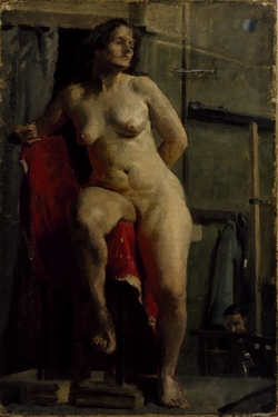 Woman on a Stool with a Red Cloth