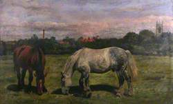 Two Horses Grazing, with a Parish Church Tower in the Distance