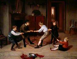 A Group of Children Playing at 'Tug of War' in a Domestic Interior