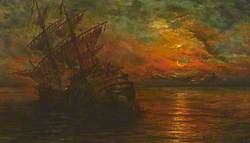 A Ship in a Calm Sea at Twilight