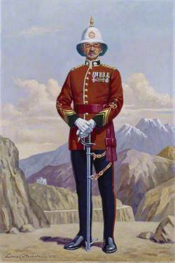 A British Officer of the 1st Punjab Regiment (with a view beyond of the mountains of the North West Frontier), India, c.1922