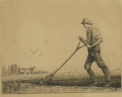 Small etching of a labourer using a breast plough