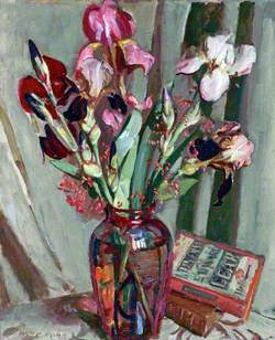 Iris in a Red Glass Vase