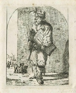 Man wearing a Fur Hat and Feathers holding a Shield with background added with two dogs to left