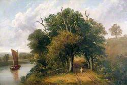Landscape with a Tree-Lined Road, a River and a Barge