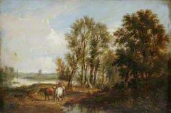 River and Distant View, Woman Driving Cattle