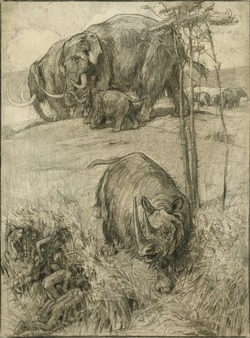 Prehistoric Hunting Scene ('Big Game in Merry England. the Quarry of the Prehistoric Briton. Tens of Thousands of years ago in Kent. A Woolly Rhinoceros Scenting Hunters Hidden in a Thicket')