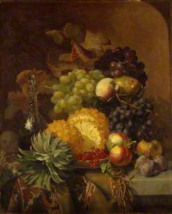 Fruit: Grapes, Peaches, Plums and Pineapple with a Carafe of Red Wine