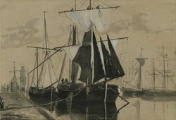 Sailing boat and ships at a Quay