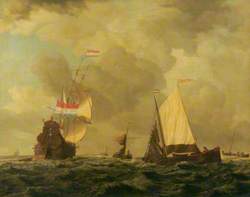 A Dutch Man of War and Vessels in a Breeze