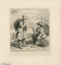 Two Fishermen talking, boats in background