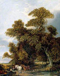 Cottage Landscape with Figures and Horses by a Pond