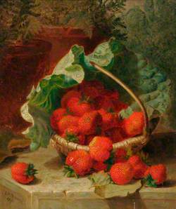 Still Life of Strawberries on a Cabbage Leaf in a Basket